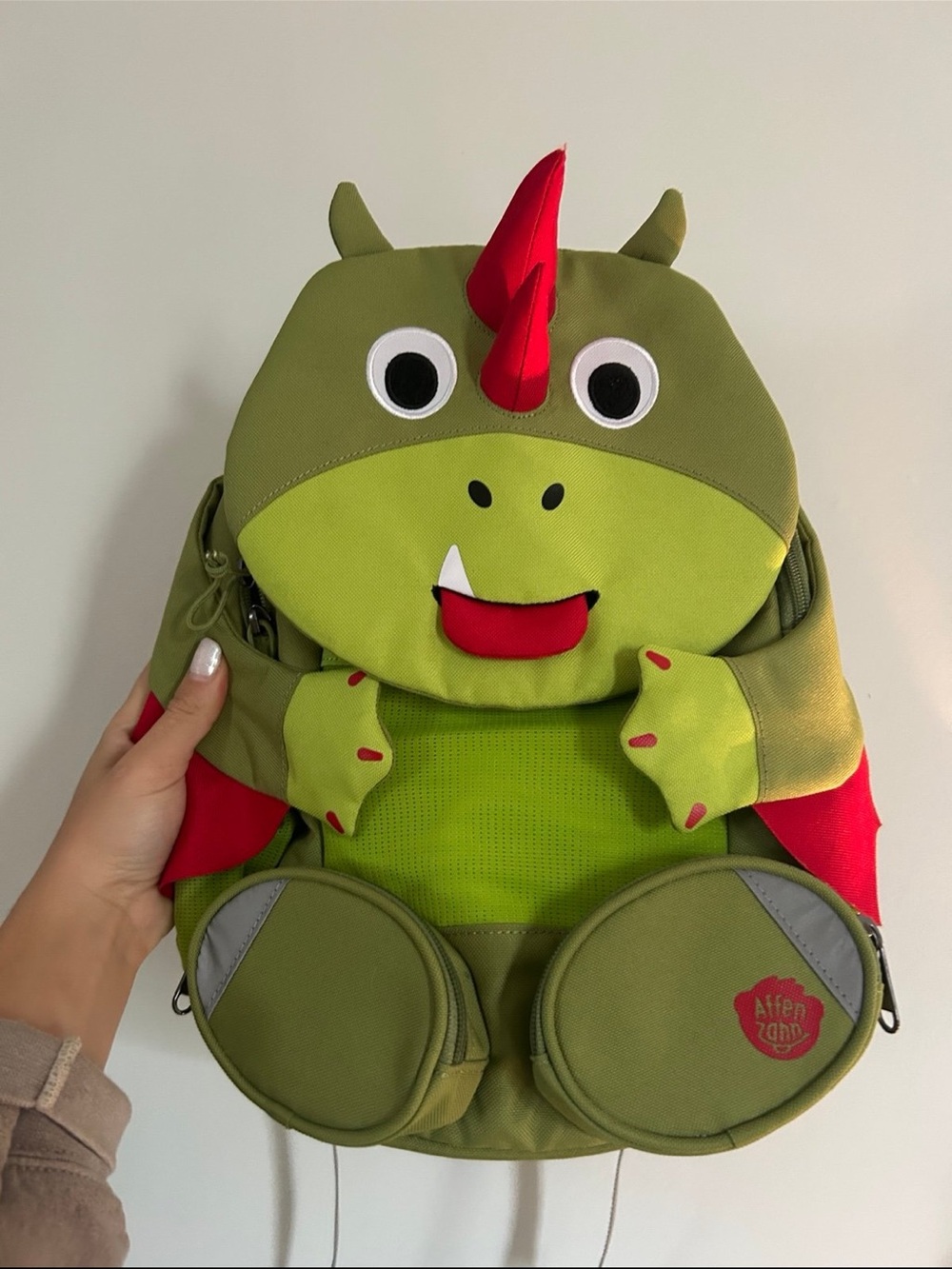 Green Dino Kids Backpack with Red Horn